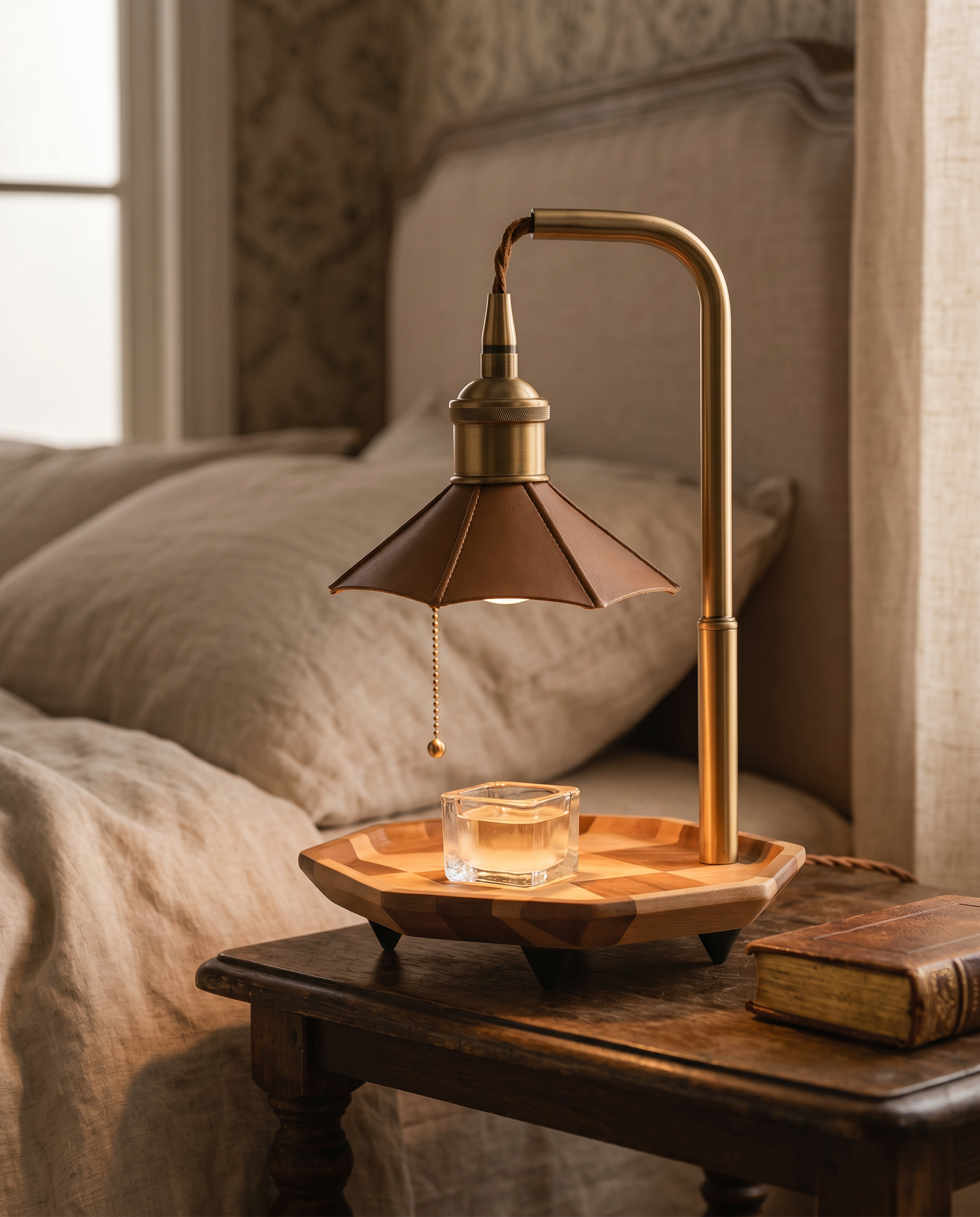 Retro Wax Warmer Lamp, Wood and Metal — Brown, hero on bedside table in cozy warm vintage bedroom
