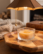Retro Wax Warmer Lamp, Wood and Metal — macro detail of wood grain finish and warmer, warm interior