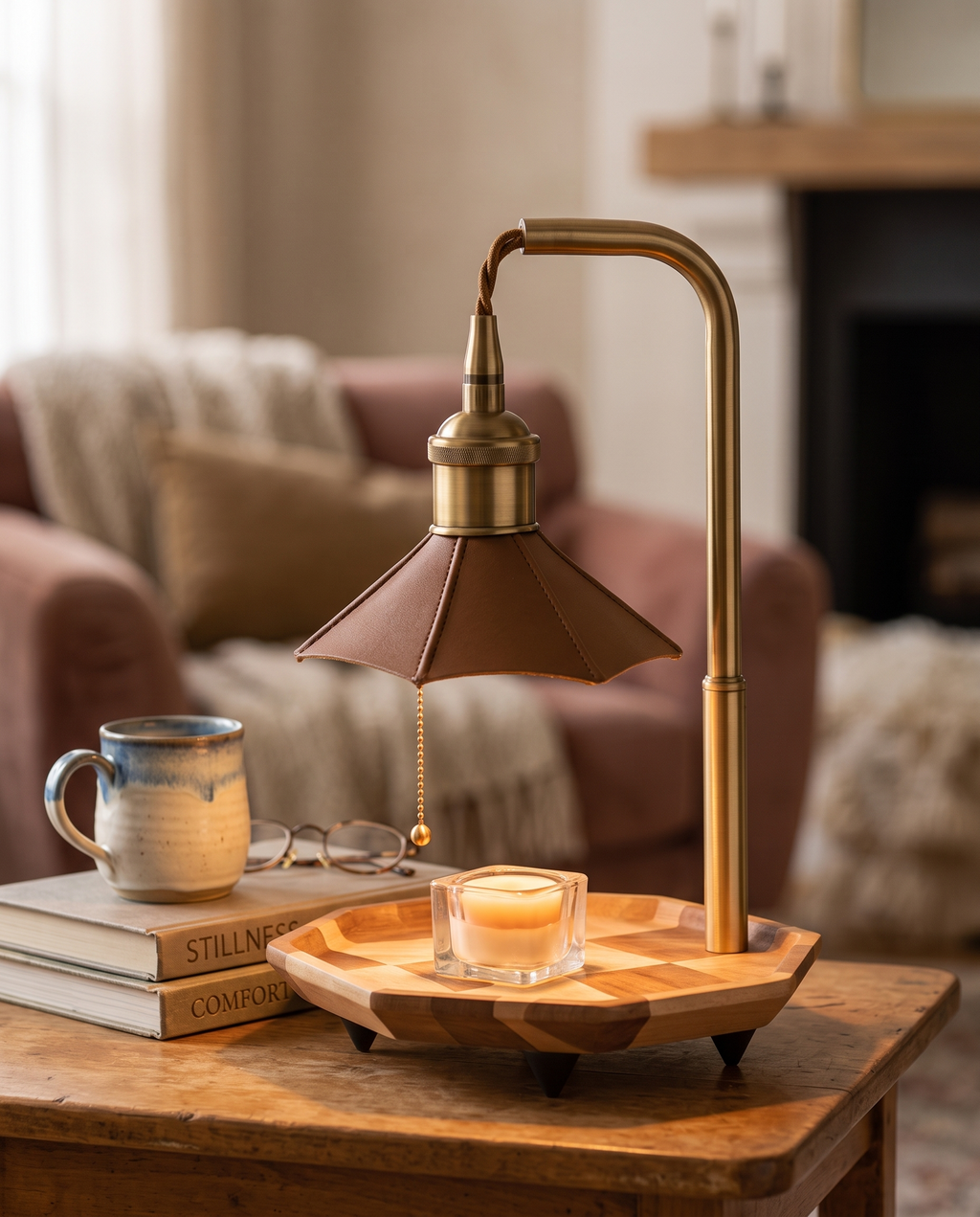 Retro Wax Warmer Lamp, Wood and Metal — Brown, placement and scale on side table with mug, books and glasses
