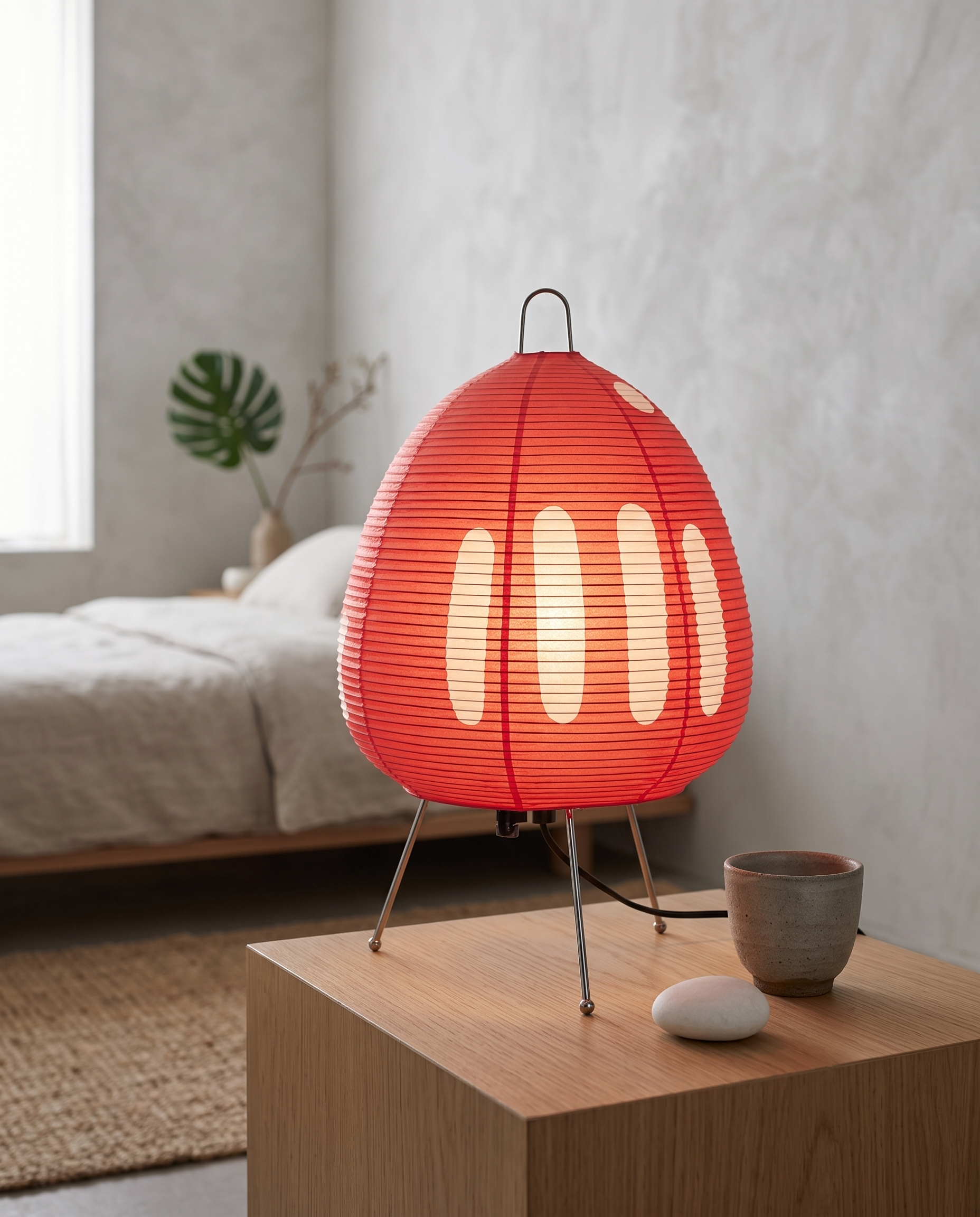 Rice Paper Shade LED Table Lamp, Minimalist — Red, hero on a wooden bedside table in a serene Japandi bedroom