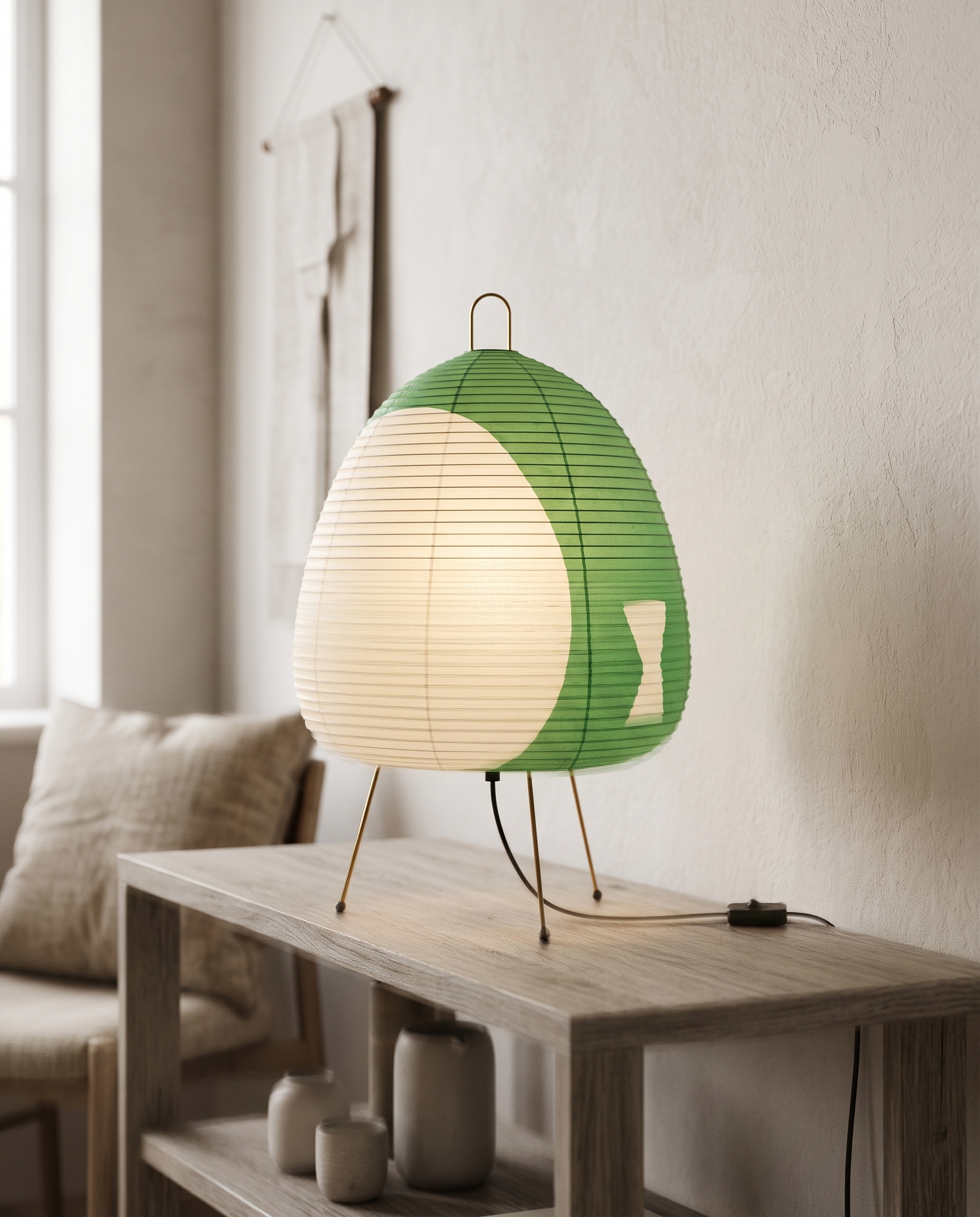 Rice Paper Shade LED Table Lamp, Minimalist — Green, hero on a console in a serene Japandi room with plaster walls