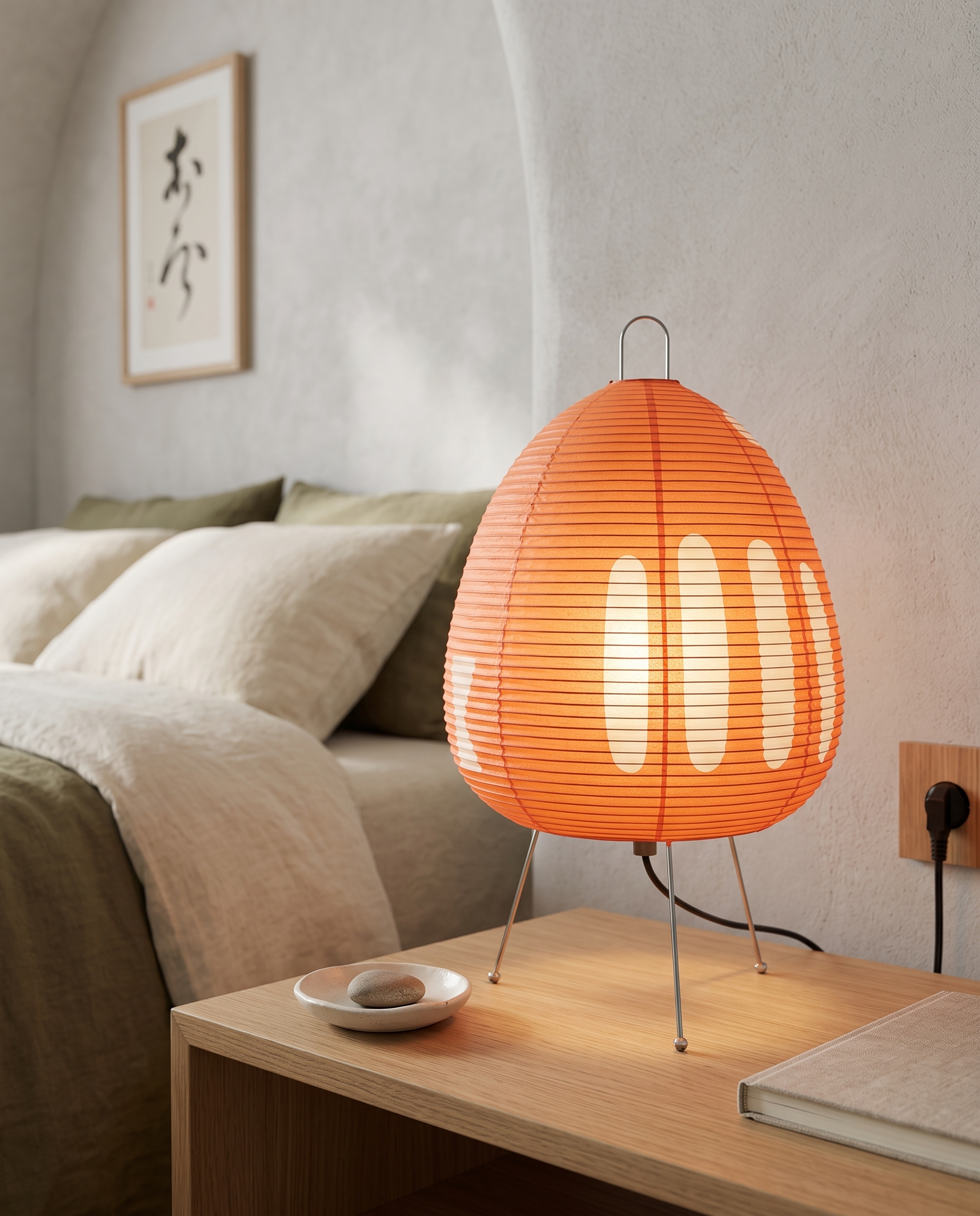 Rice Paper Shade LED Table Lamp, Minimalist — Orange, hero on a bedside table in a serene Japandi bedroom corner