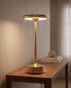 Rechargeable Touch LED Table Lamp, Aluminum — Gold, on a walnut console in a warm minimal interior