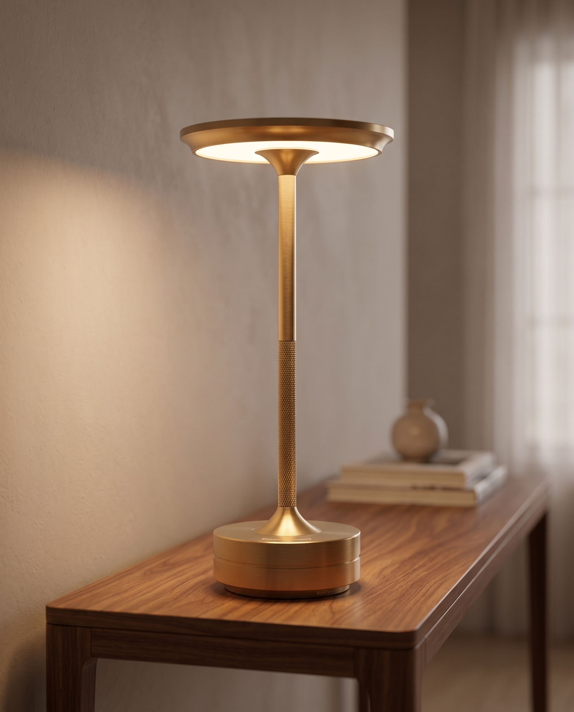 Rechargeable Touch LED Table Lamp, Aluminum — Gold, on a walnut console in a warm minimal interior