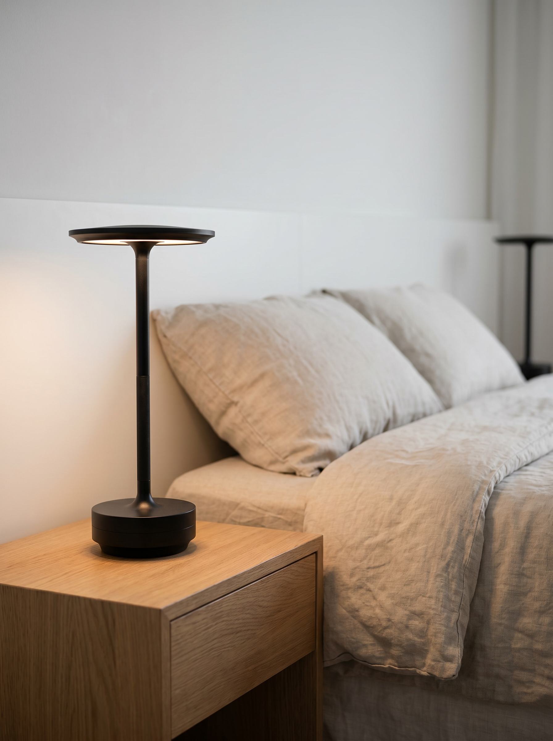 Rechargeable Touch LED Table Lamp, Aluminum — Black, on an oak bedside table in a modern bedroom