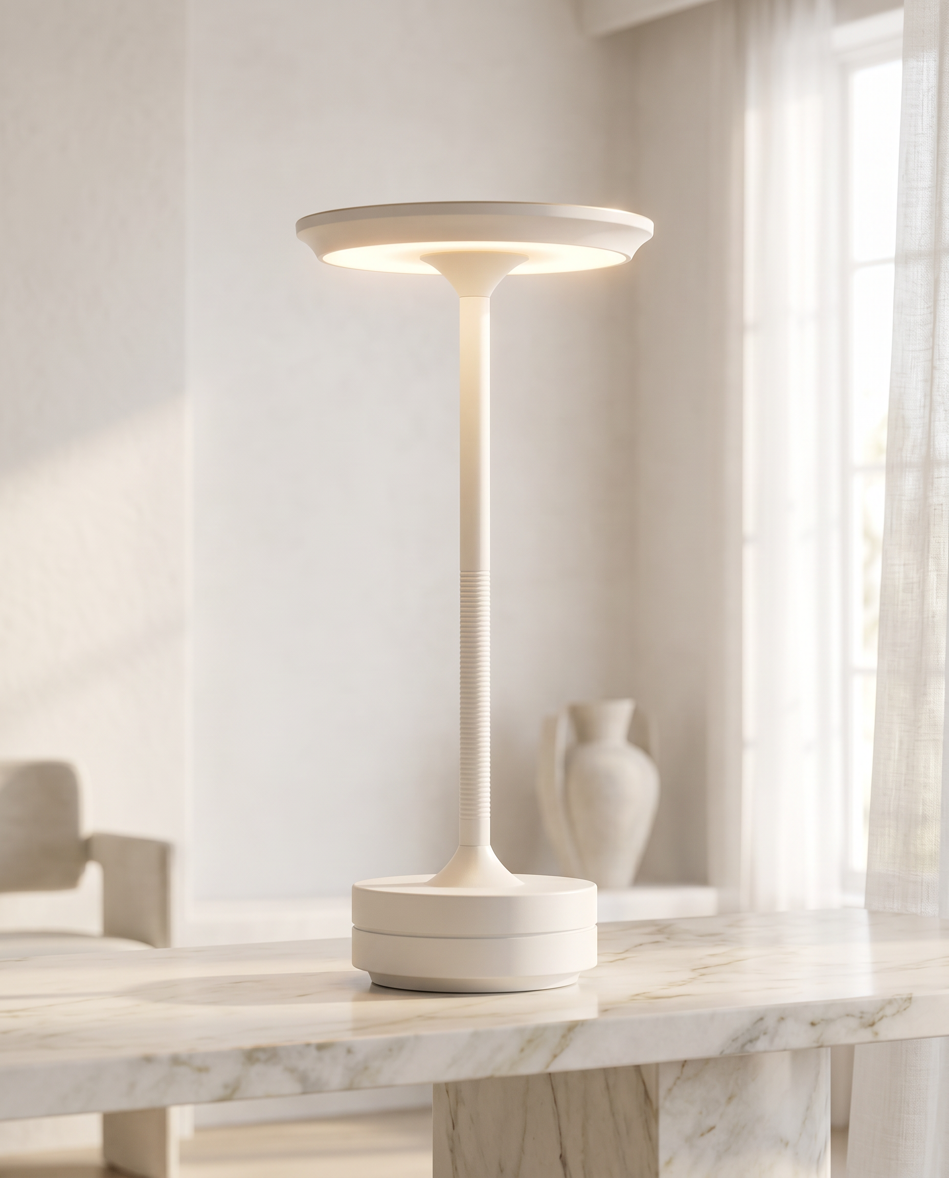 Rechargeable Touch LED Table Lamp, Aluminum — White, on a pale marble console in a bright airy interior