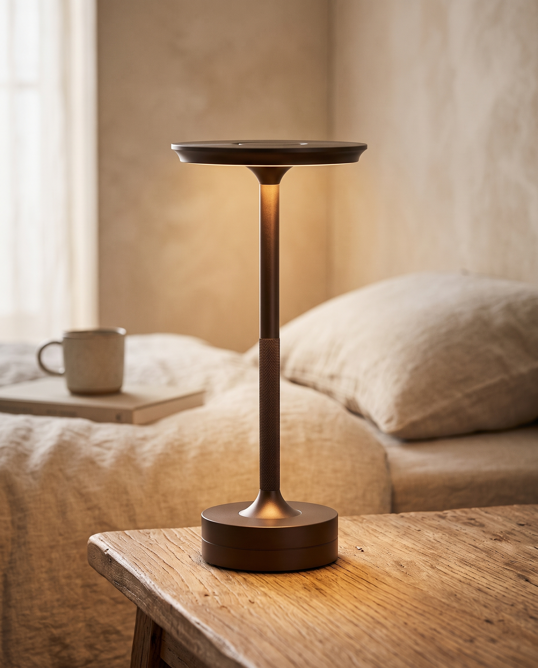 Rechargeable Touch LED Table Lamp, Aluminum — Brown, on a wooden bedside table in a cozy minimal interior