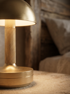 Rechargeable Touch LED Table Lamp, Aluminum — Gold macro detail of brushed aluminum shade, warm side light