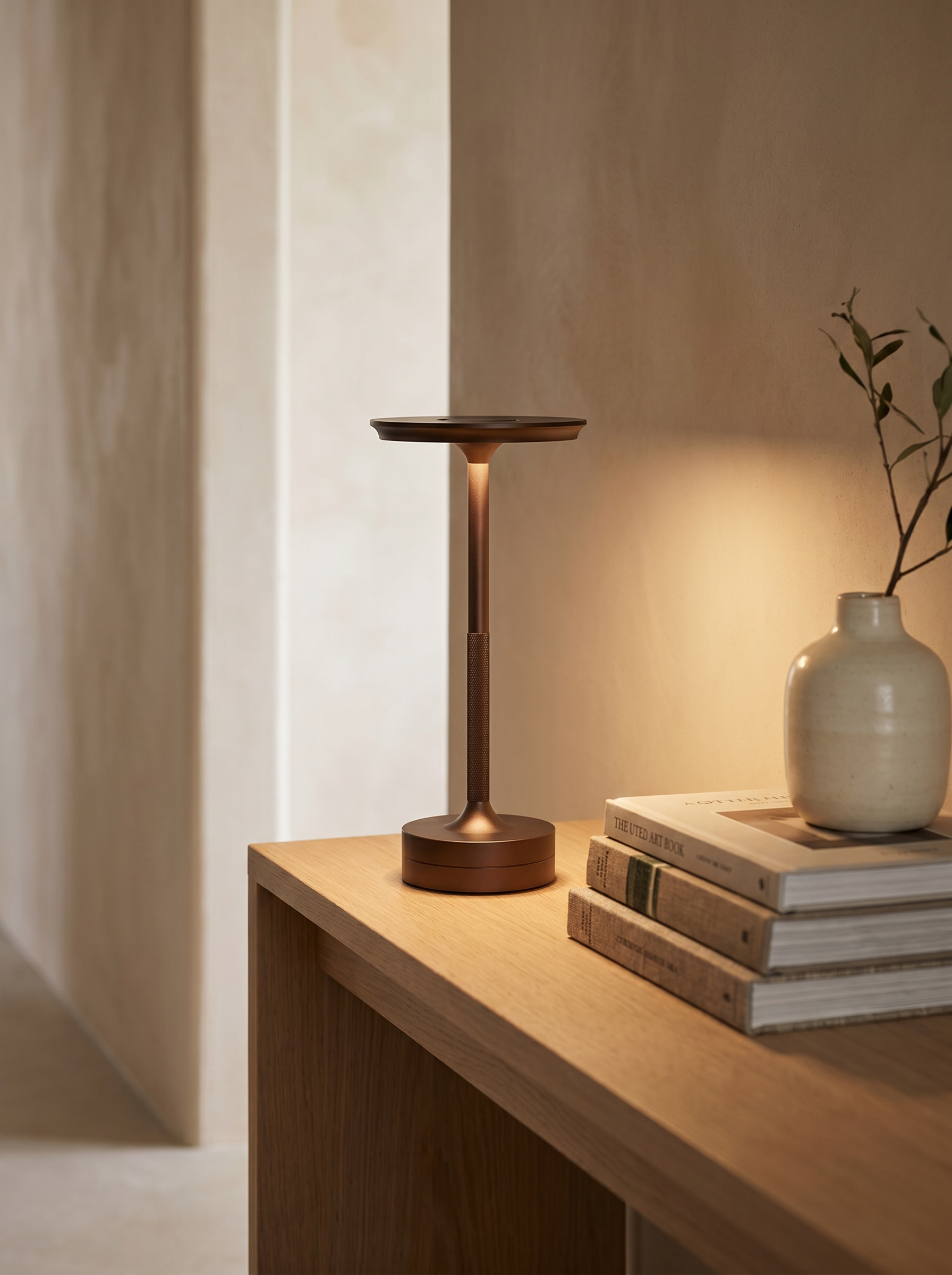 Rechargeable Touch LED Table Lamp, Aluminum — Brown, on a hallway console with books and vase for scale