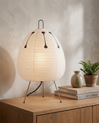 Rice Paper Shade LED Table Lamp, Minimalist — placement and scale on an oak sideboard with books, vase and plant, serene Japandi interior