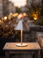 Cordless Touch LED Lamp, Gold and Silver Metal — Silver cordless use, terrace table at dusk