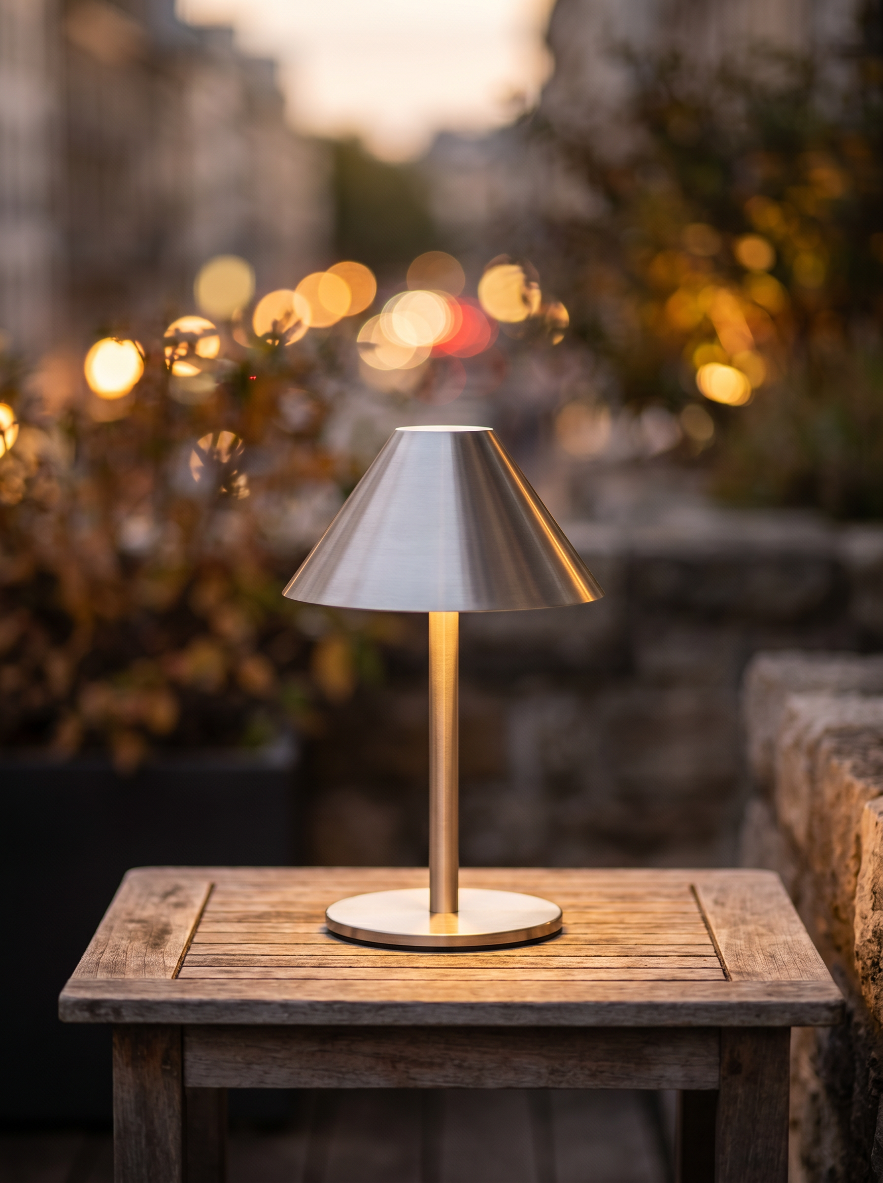 Cordless Touch LED Lamp, Gold and Silver Metal — Silver cordless use, terrace table at dusk