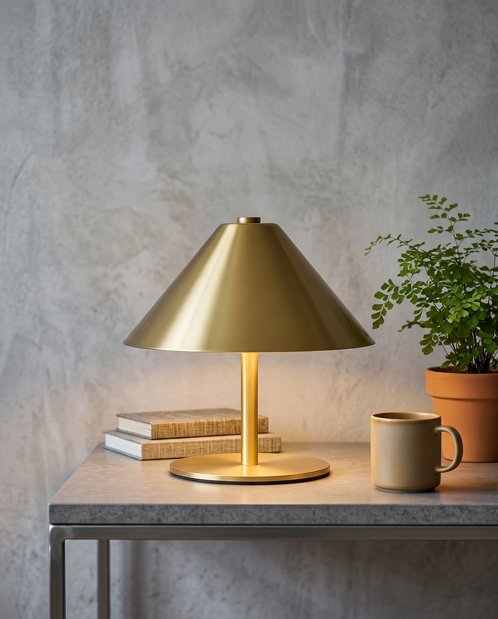 Cordless Touch LED Lamp, Gold and Silver Metal — Gold placement and scale with books, mug and plant