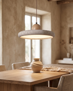 Travertine and Wood Pendant Light, LED — Light Wood hero over a dining table, Mediterranean-Japandi interior