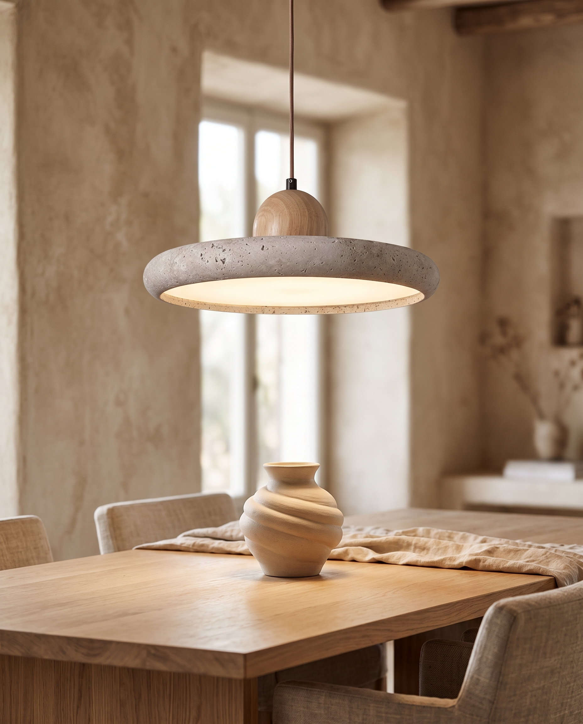 Travertine and Wood Pendant Light, LED — Light Wood hero over a dining table, Mediterranean-Japandi interior