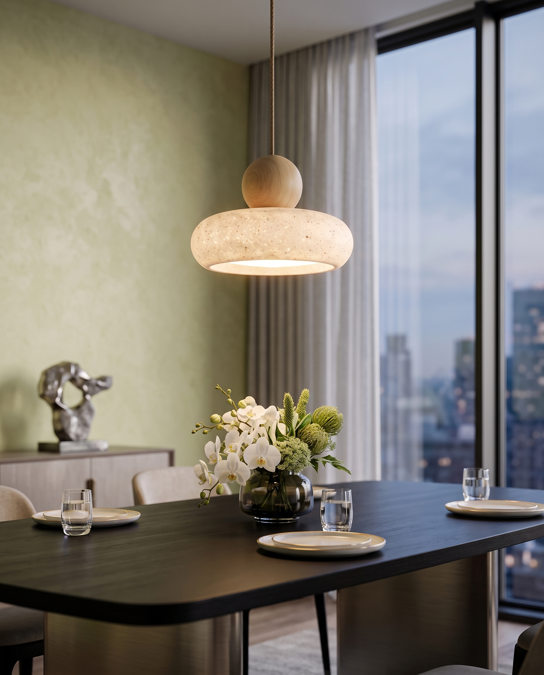 Agate Stone Pendant Light, Wood and LED — Light Wood hero, luxe modern dining table