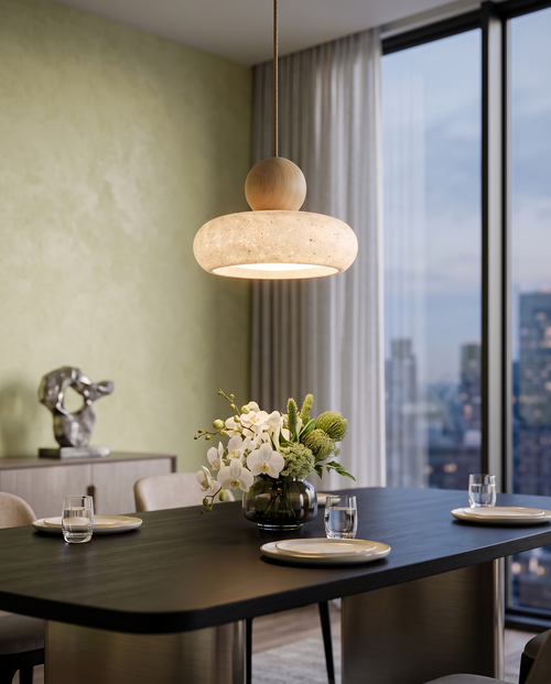 Agate Stone Pendant Light, Wood and LED — Light Wood hero, luxe modern dining table