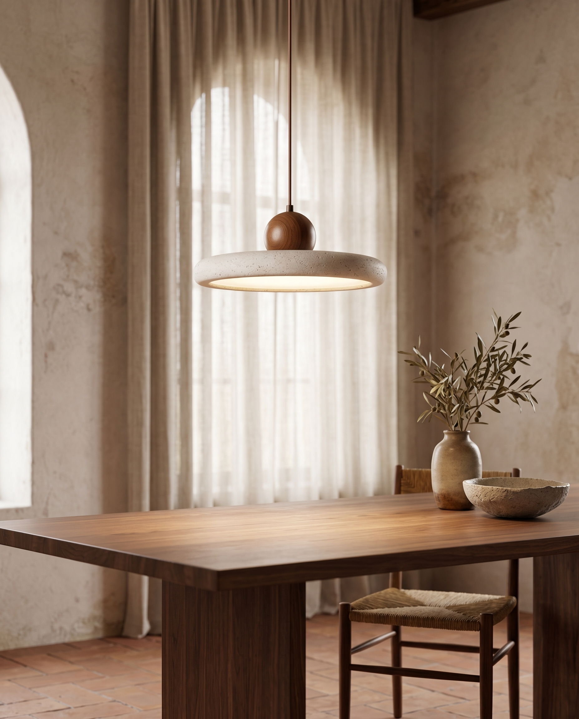 Travertine and Wood Pendant Light, LED — Walnut Wood hero over a dining table, Mediterranean-Japandi interior