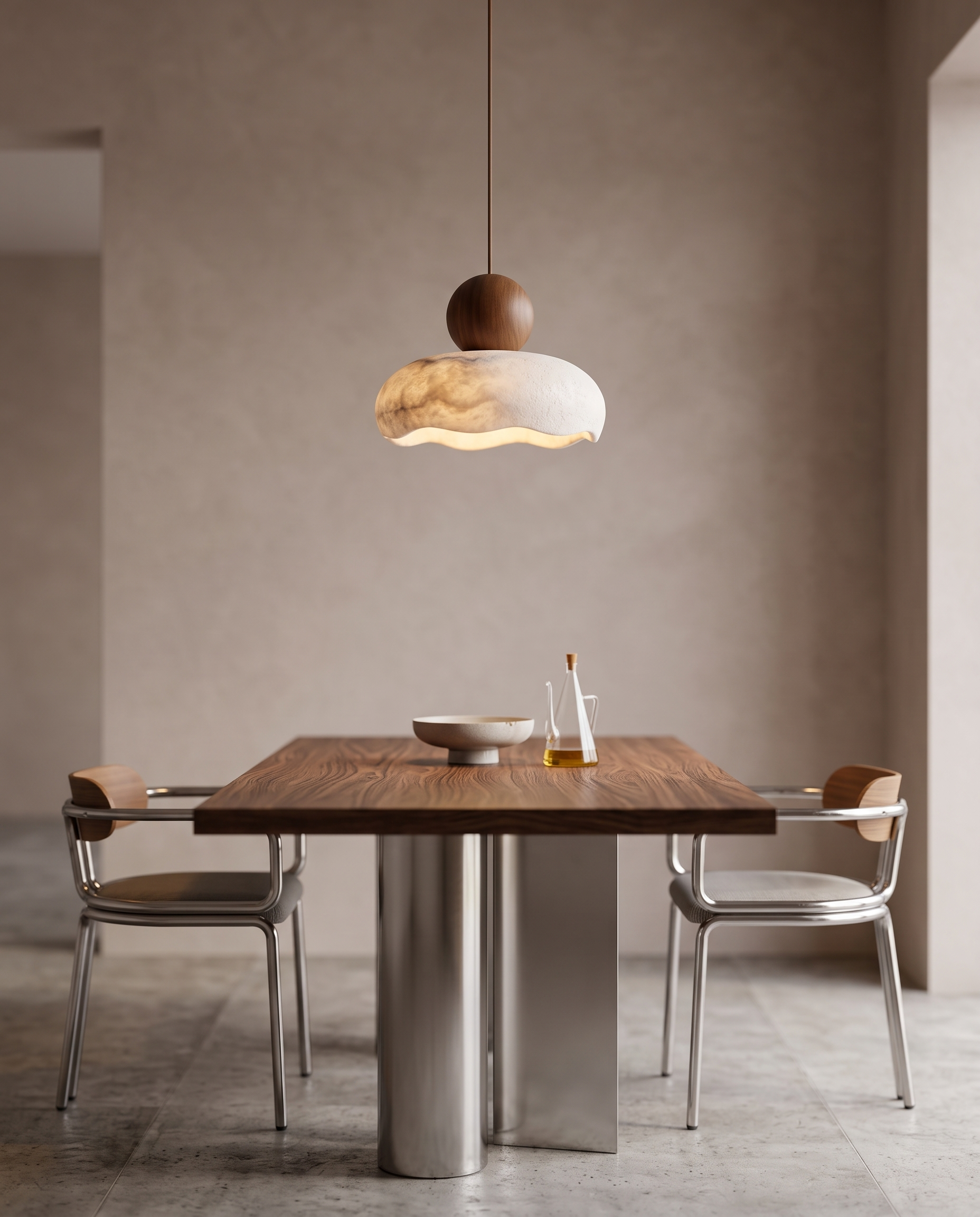 Agate Stone Pendant Light, Wood and LED — Walnut Wood hero, luxe modern dining table