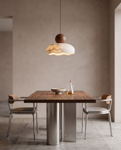 Agate Stone Pendant Light, Wood and LED — Walnut Wood hero, luxe modern dining table