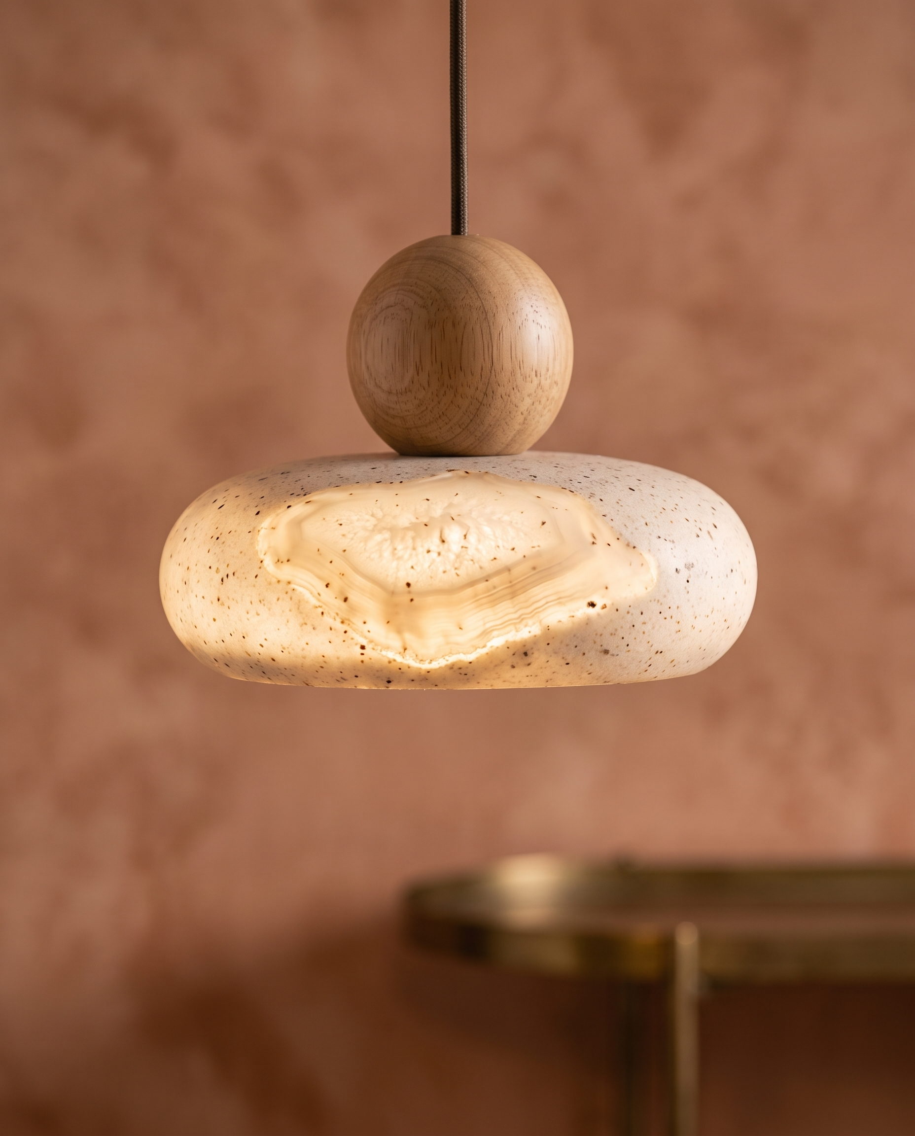 Agate Stone Pendant Light, Wood and LED — macro detail of translucent agate, close-up