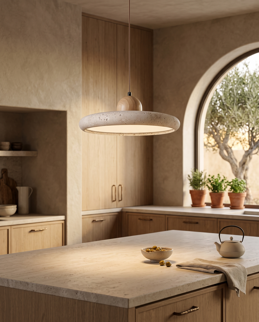 Travertine and Wood Pendant Light, LED — Light Wood over a kitchen island, Mediterranean-Japandi kitchen