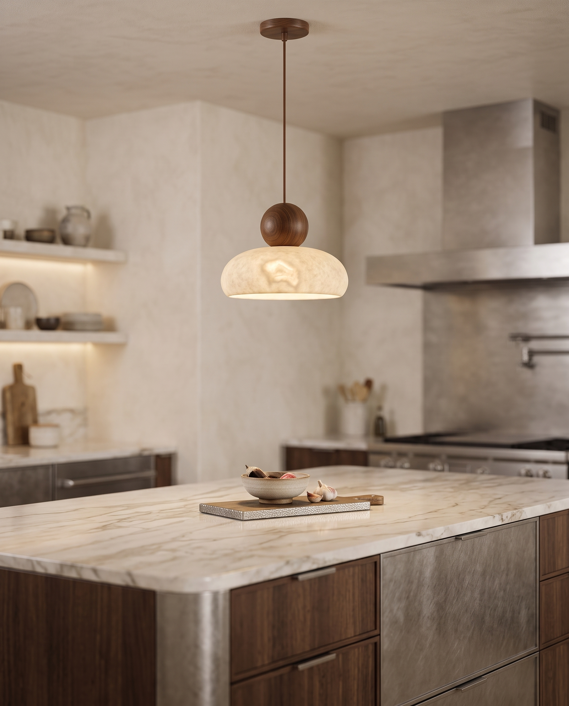 Agate Stone Pendant Light, Wood and LED — Walnut Wood, luxe modern kitchen island
