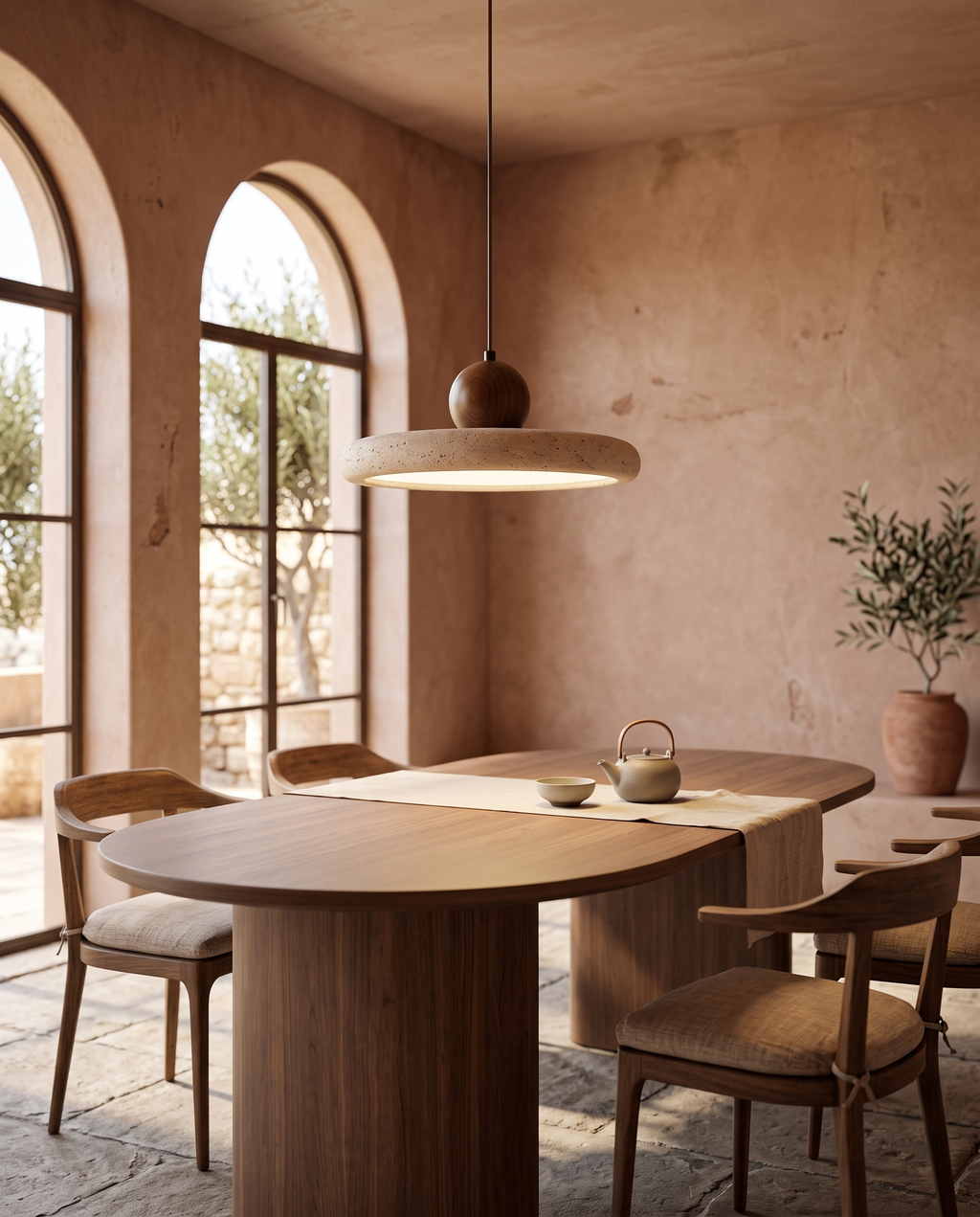 Travertine and Wood Pendant Light, LED — wider placement and scale view, Walnut Wood in a Mediterranean-Japandi dining room