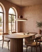 Travertine and Wood Pendant Light, LED — wider placement and scale view, Walnut Wood in a Mediterranean-Japandi dining room