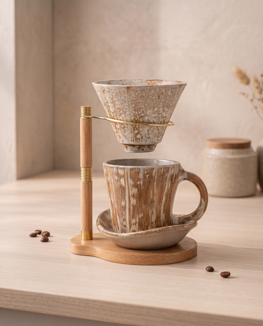 Pour-Over Coffee Dripper Set, Ceramic and Wood Stand — Light Wood version on a minimal Japandi kitchen counter in soft morning light