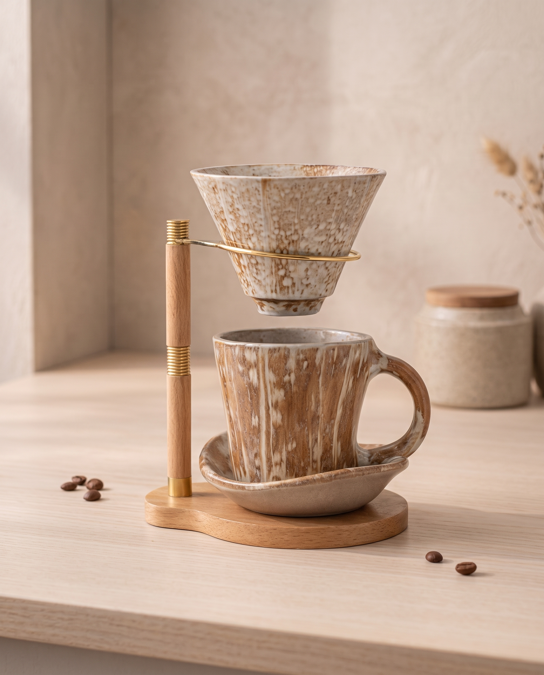 Pour-Over Coffee Dripper Set, Ceramic and Wood Stand — Light Wood version on a minimal Japandi kitchen counter in soft morning light