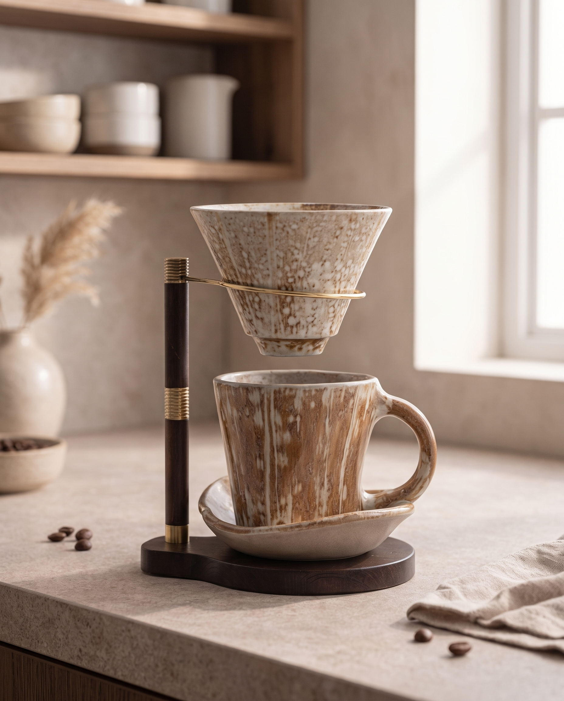 Pour-Over Coffee Dripper Set, Ceramic and Wood Stand — Dark Wood version on a warm Japandi kitchen counter in soft morning light
