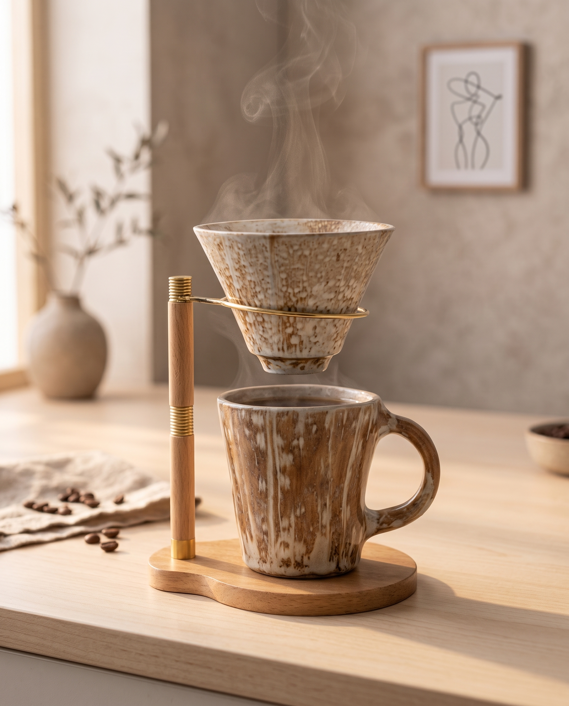 Pour-Over Coffee Dripper Set, Ceramic and Wood Stand — mid-brew with coffee and steam in a warm Japandi coffee corner