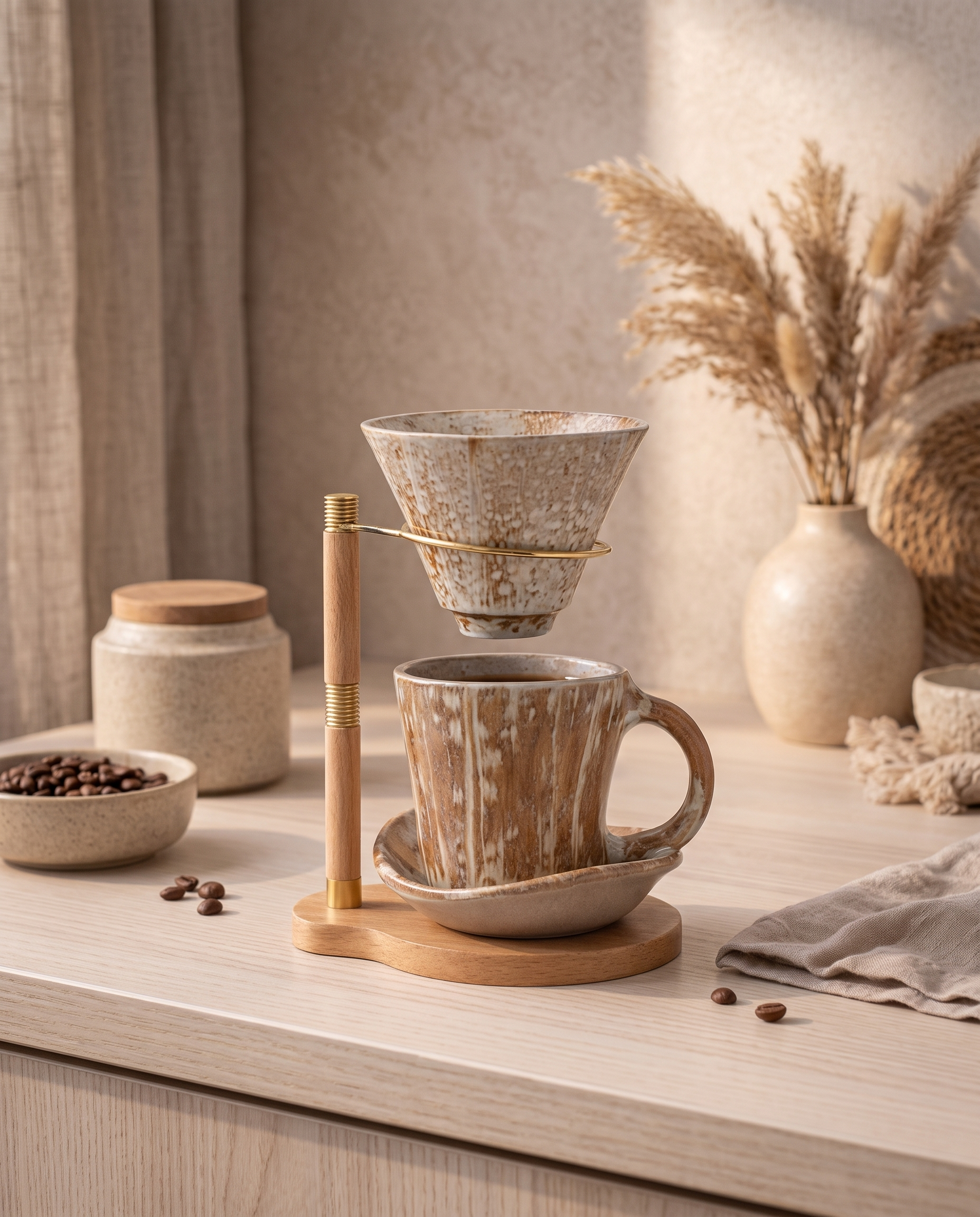 Pour-Over Coffee Dripper Set, Ceramic and Wood Stand — full set showing all pieces and scale on a minimal kitchen counter