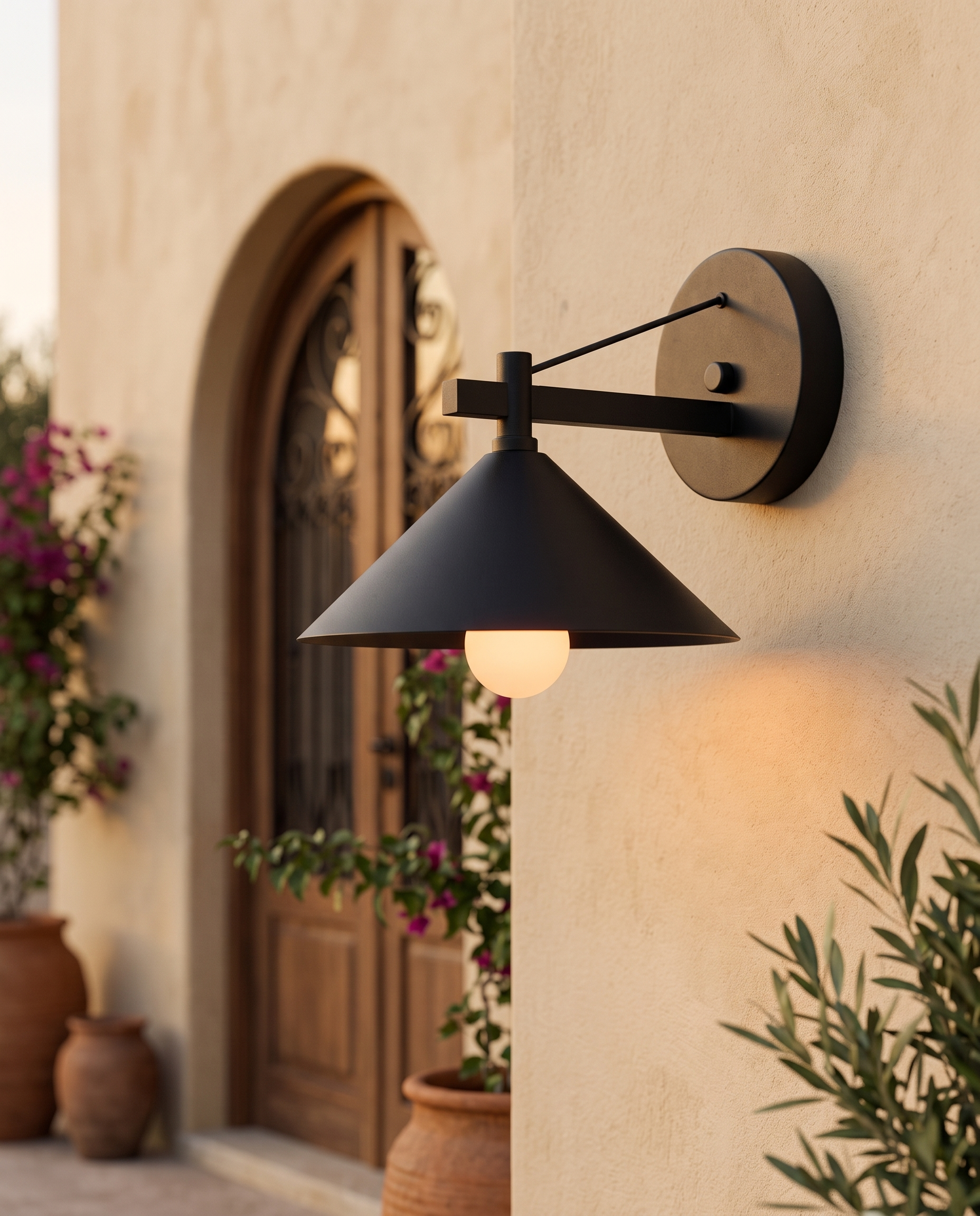 Industrial Iron Outdoor Wall Sconce — Black finish hero, mounted beside Mediterranean villa entrance at warm dusk