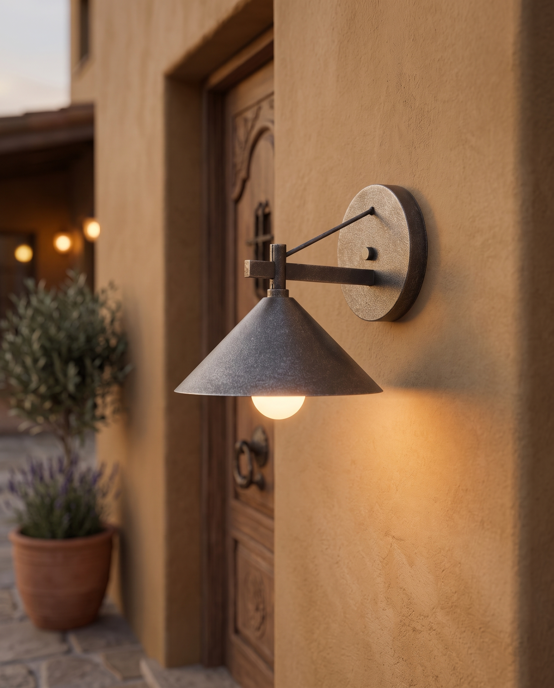 Industrial Iron Outdoor Wall Sconce — Silver Bronze finish hero, mounted beside Mediterranean villa entrance at warm dusk