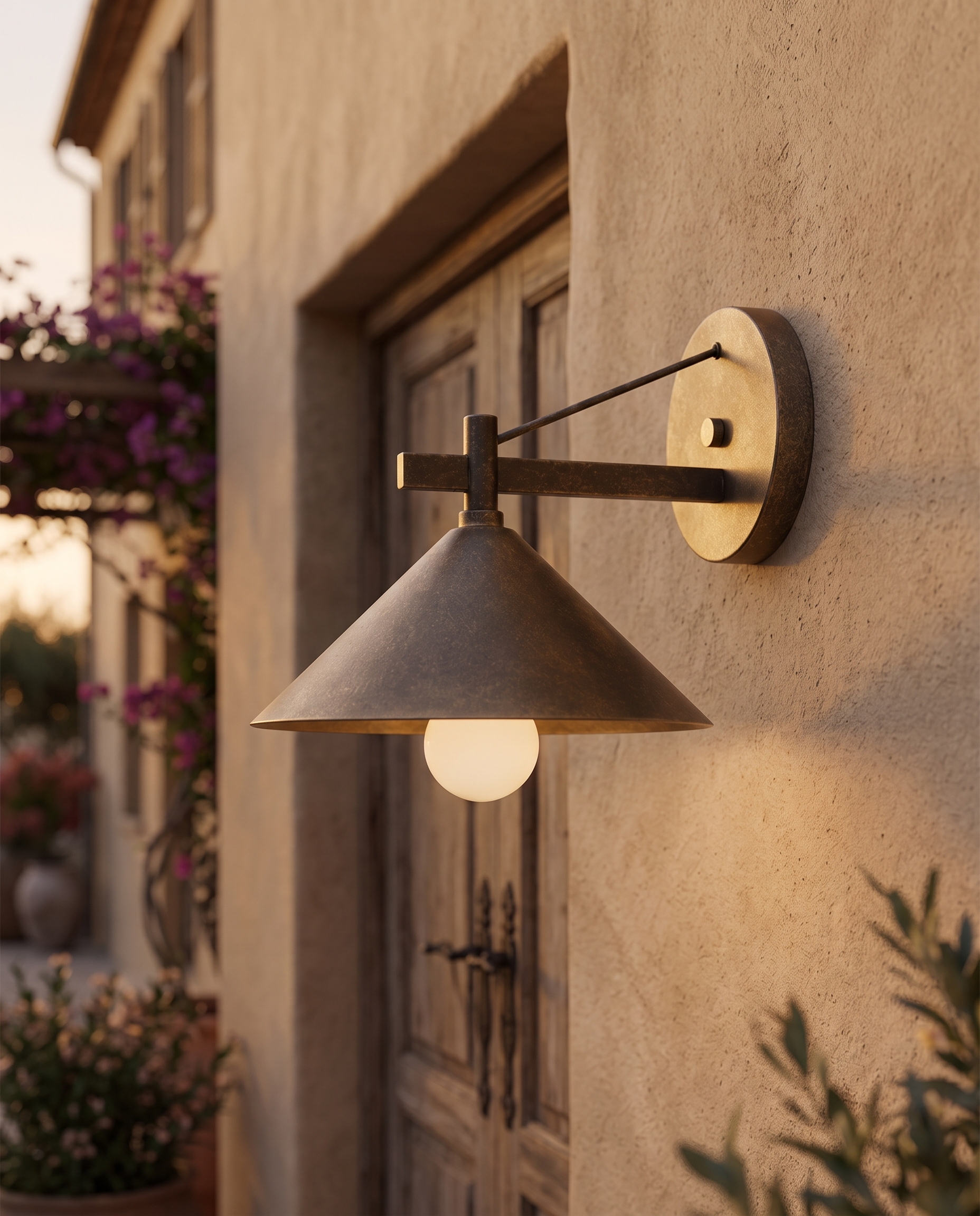 Industrial Iron Outdoor Wall Sconce — Gold Bronze finish hero, mounted beside Mediterranean villa entrance at warm dusk