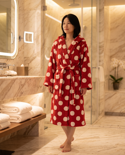Dotted Hooded Cotton Bathrobe, Kids and Adults — Red, adult on-person hero, luxury spa hotel bathroom