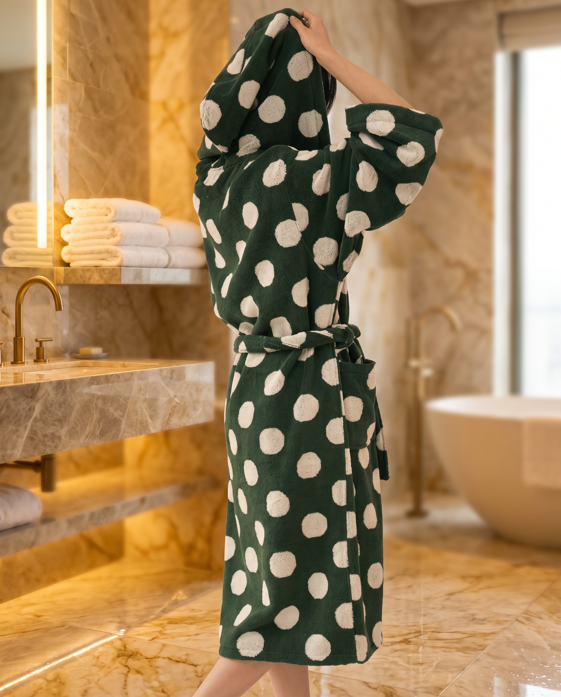 Dotted Hooded Cotton Bathrobe, Kids and Adults — Green, adult on-person hero, luxury spa hotel bathroom
