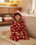 Dotted Hooded Cotton Bathrobe, Kids and Adults — Red kids size, child on-person, warm cozy spa bathroom