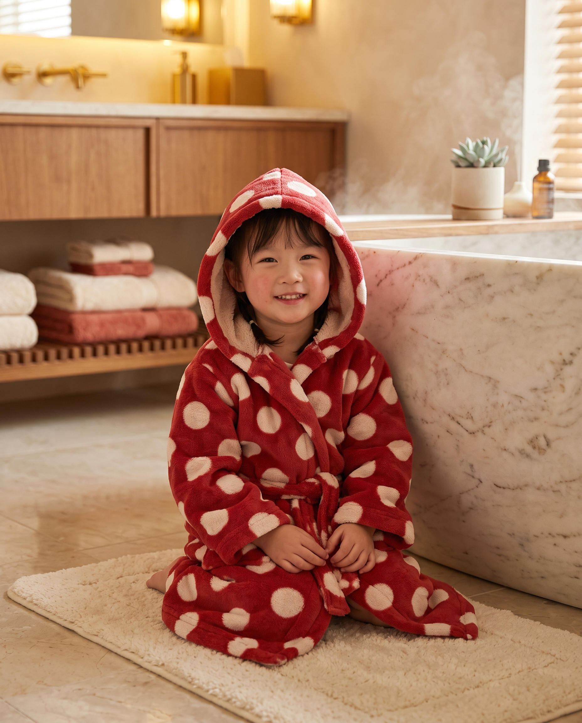 Dotted Hooded Cotton Bathrobe, Kids and Adults — Red kids size, child on-person, warm cozy spa bathroom