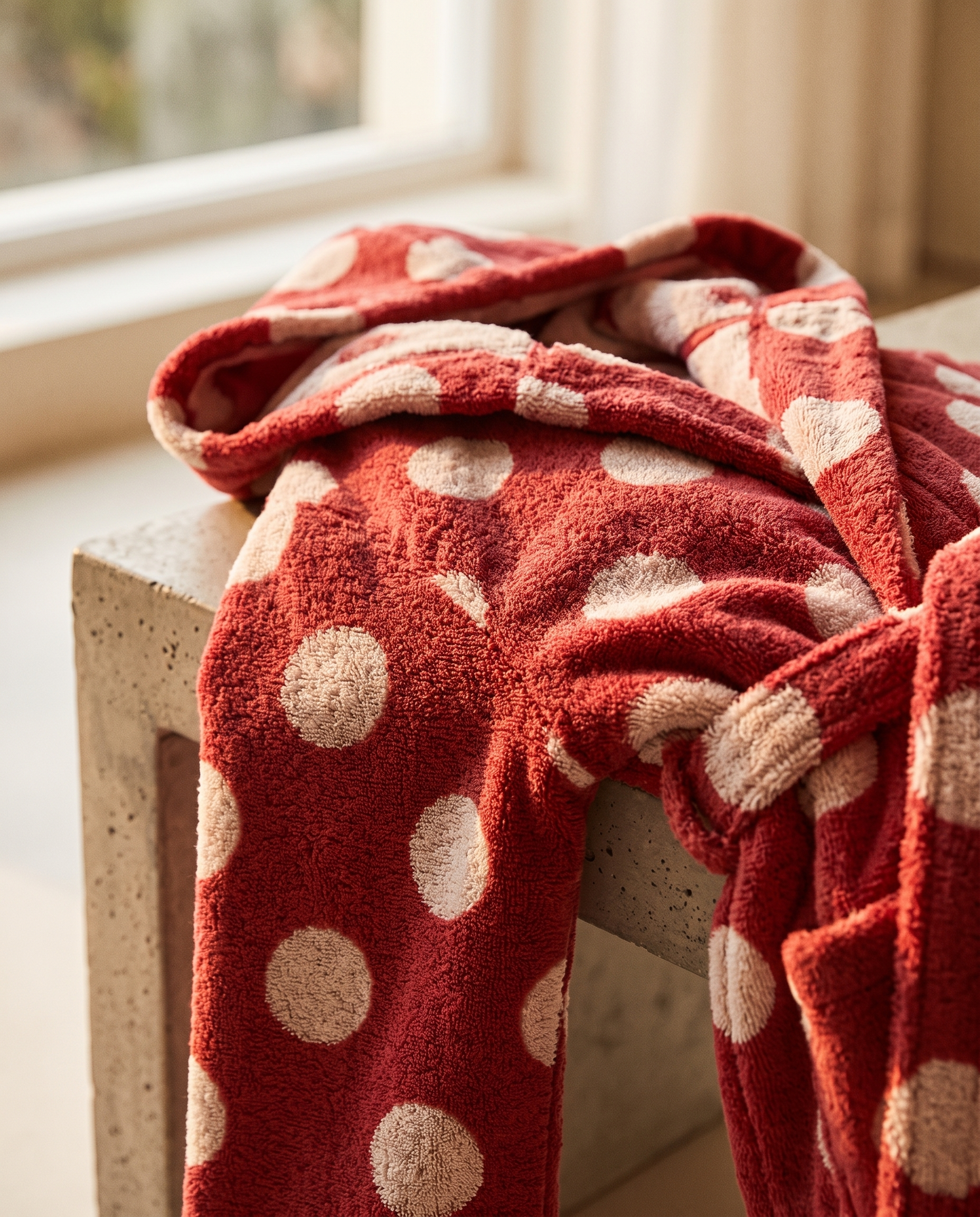 Dotted Hooded Cotton Bathrobe, Kids and Adults — dot fabric and hood macro detail, warm side light