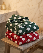 Dotted Hooded Cotton Bathrobe, Kids and Adults — folded spa stack of both colours, luxury marble bathroom