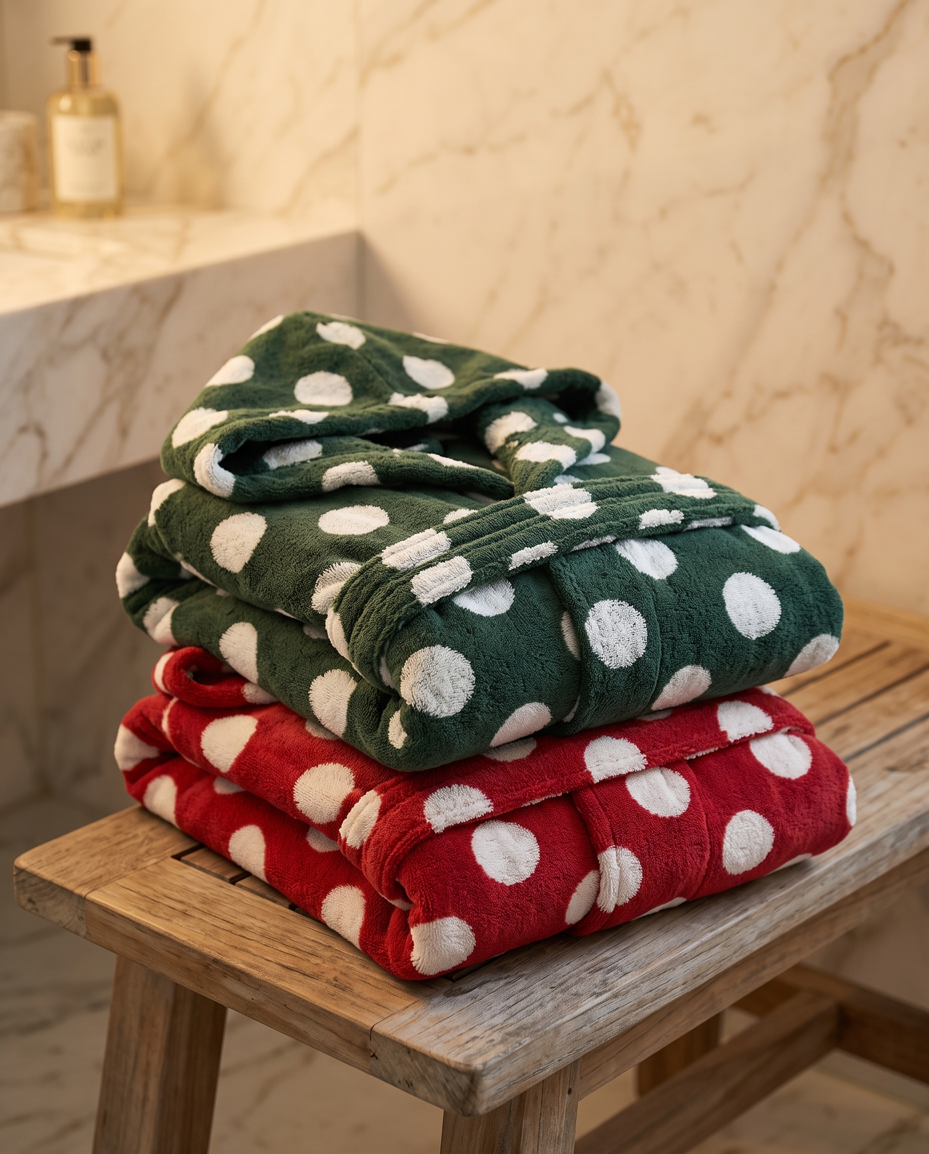Dotted Hooded Cotton Bathrobe, Kids and Adults — folded spa stack of both colours, luxury marble bathroom