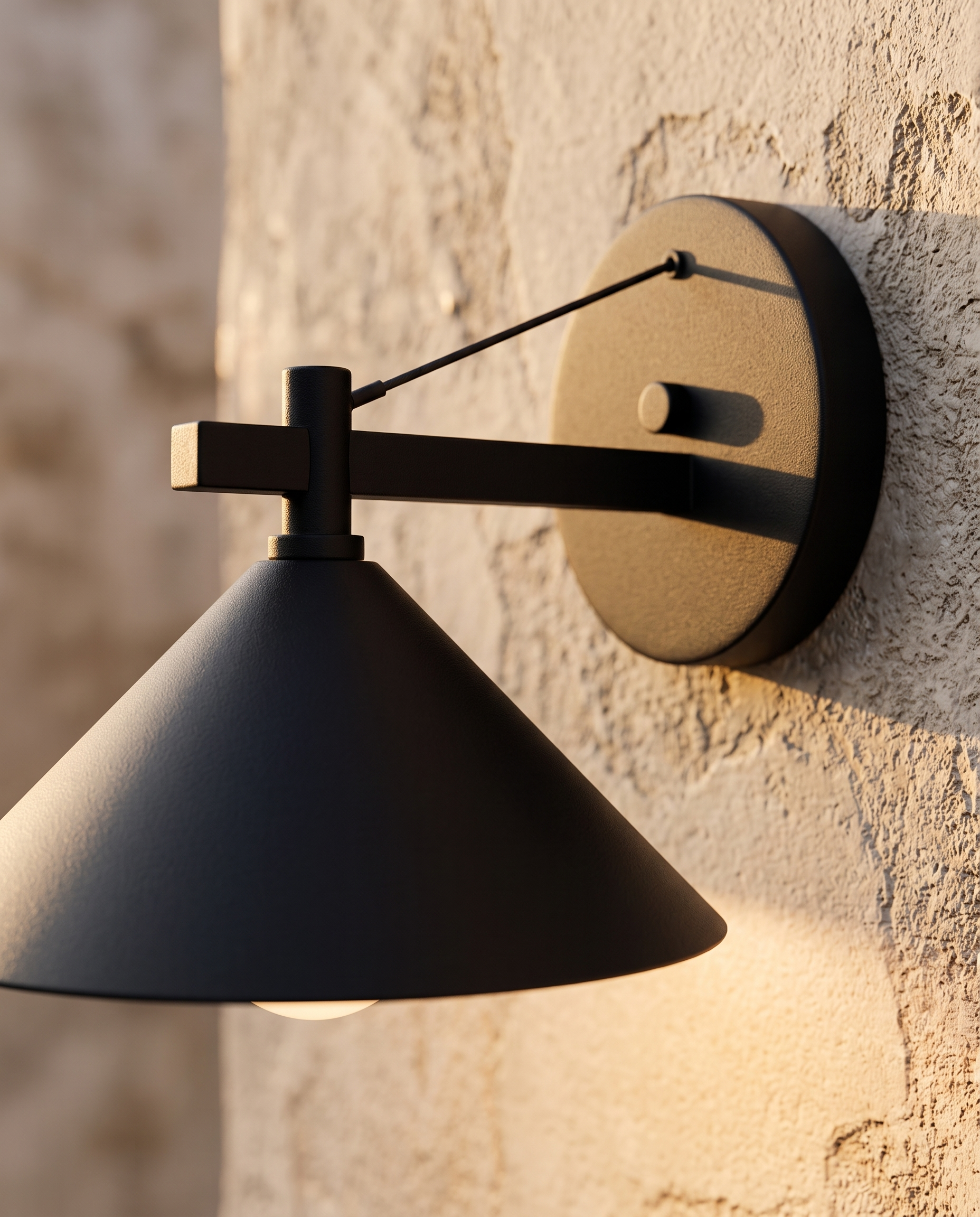 Industrial Iron Outdoor Wall Sconce — Black finish macro detail, textured iron on exterior plaster wall with warm raking light