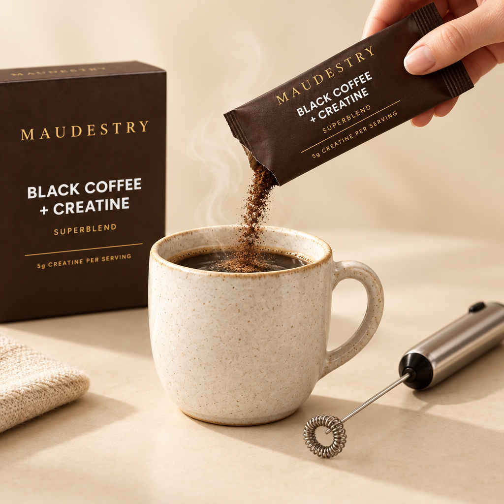 Pouring a Maudestry sachet into a hot mug