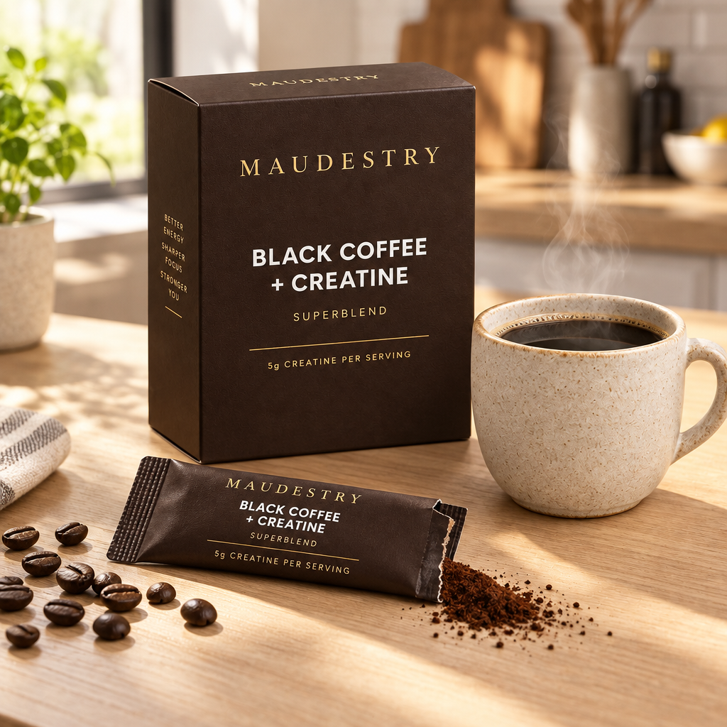 Maudestry Superblend on a kitchen counter with a mug of coffee