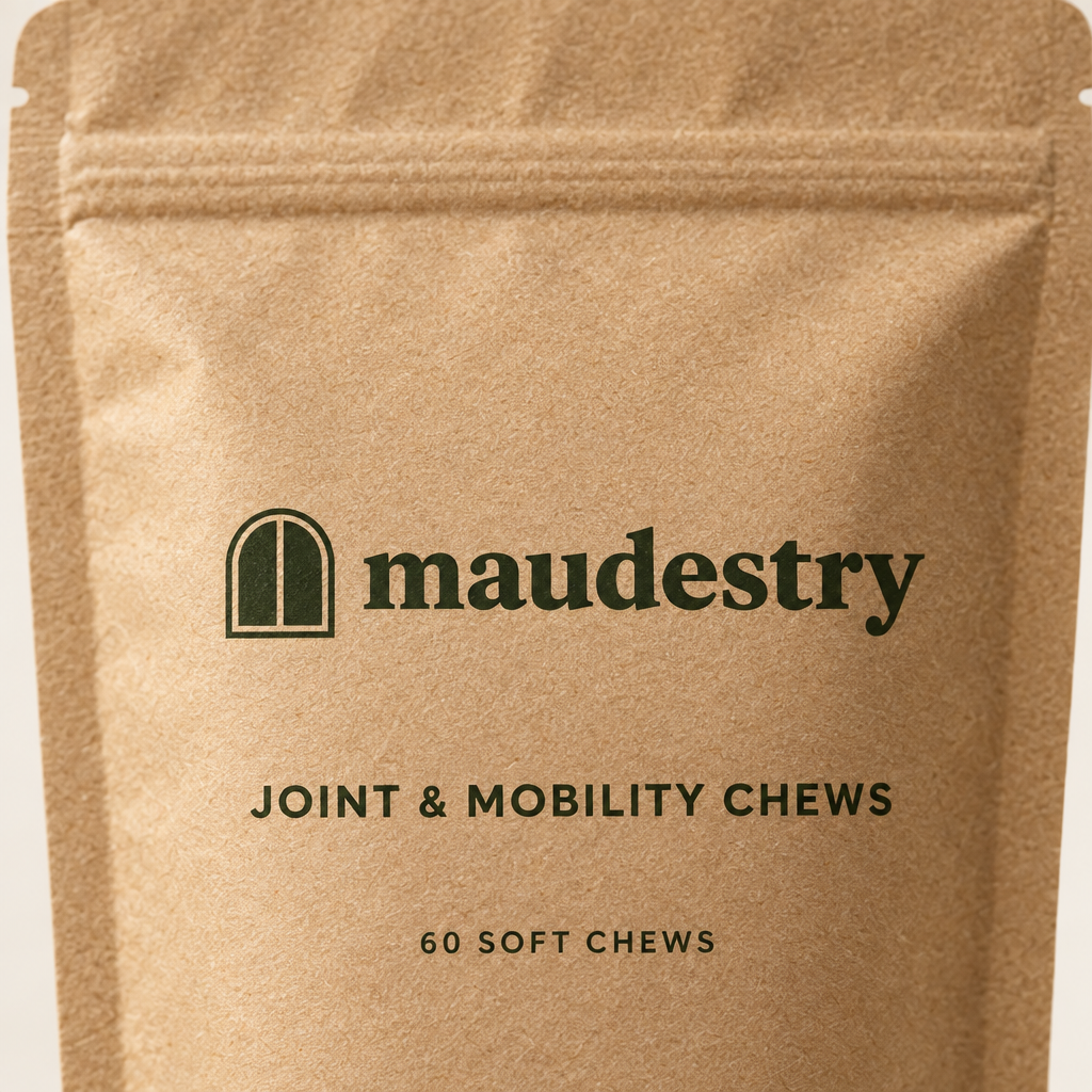 Close-up of the Maudestry label on the chews pouch