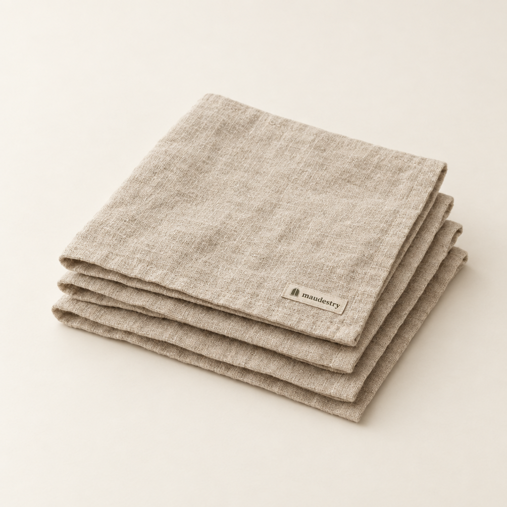 Set of four washed linen napkins in Natural, stacked