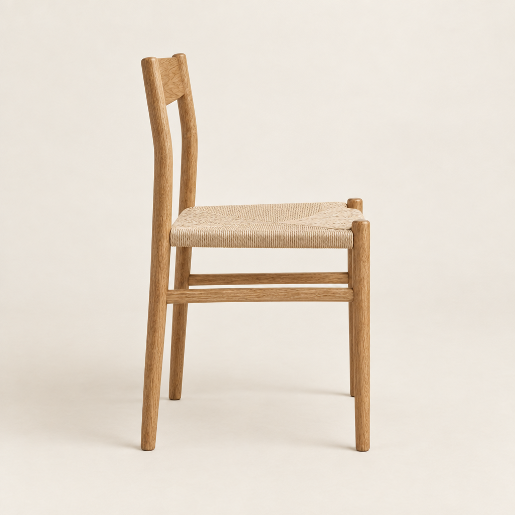 Side profile of the oak dining chair